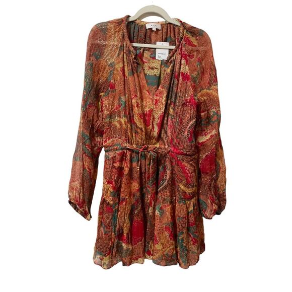 ALC Long Sleeve Silk Mini Dress V Neck Cinched Waist - Picture 5 of 9